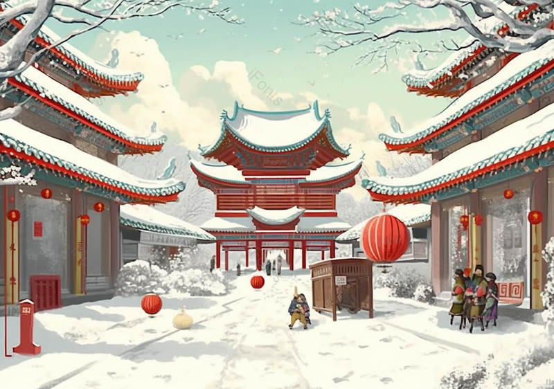 大雪大寒里的古典建筑楼阁和路旁嬉戏的儿童,插画/手绘图,插画/手绘图库,插画/手绘图下载,插画/手绘